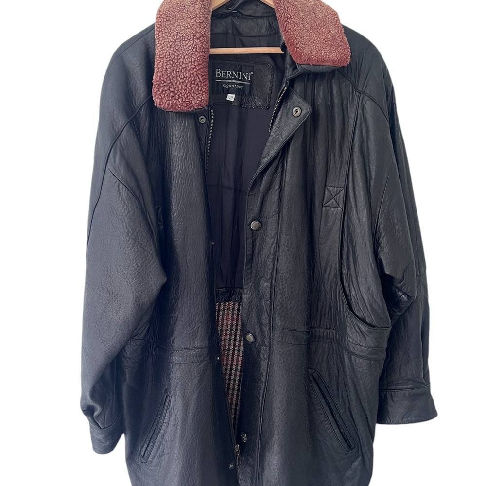 Bernini Vintage Black Leather Medium Length Jacket size 52 XL